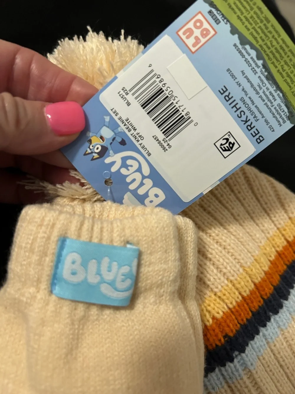 Cream Pom Beanie and Mittens Set for Kids